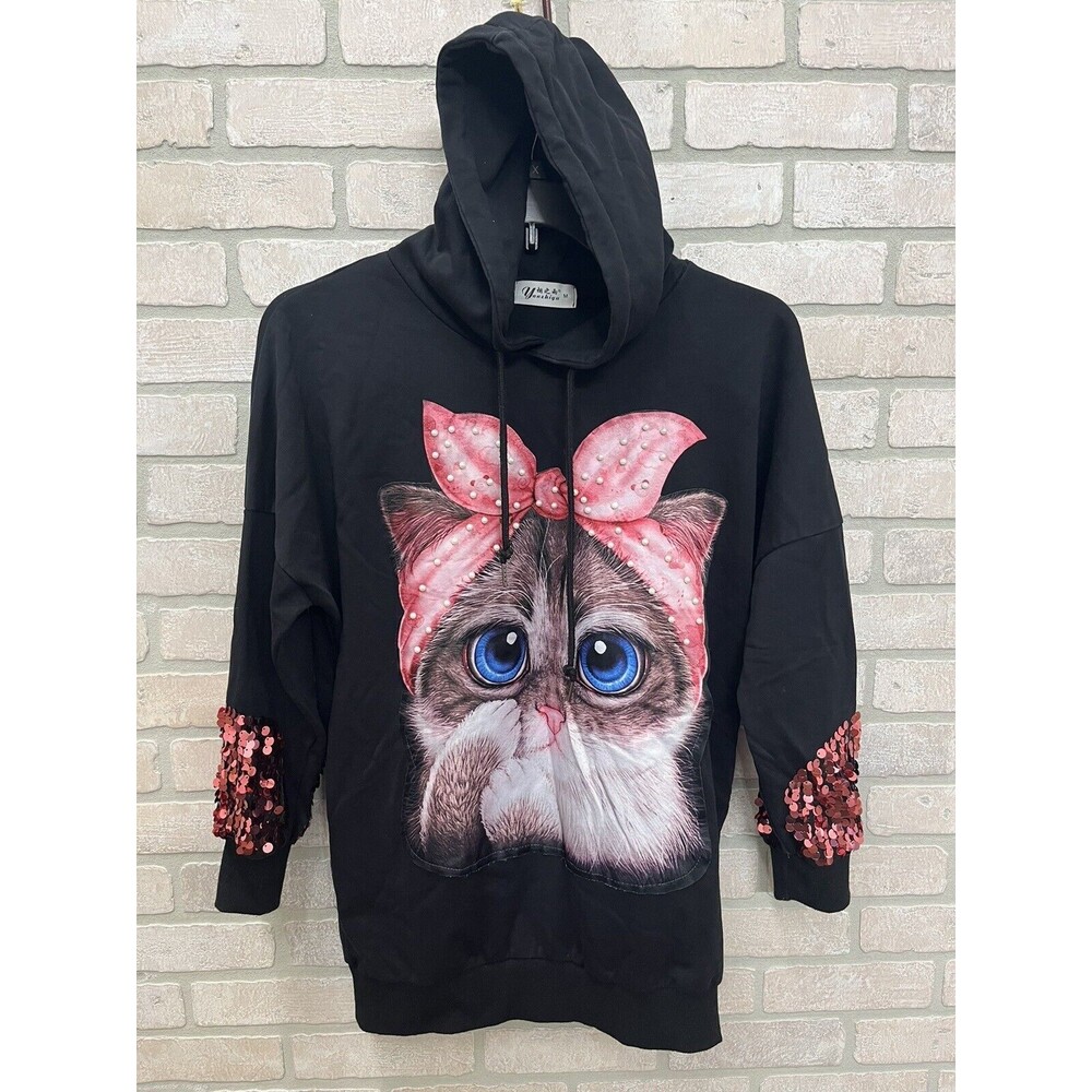 Hoodie Sweatshirt size medium Kitty Pull Over Black Pink Women Cat Logo Sequins